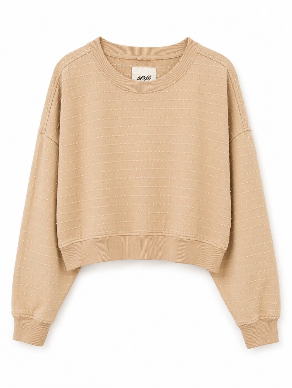 Aerie Oatmeal Embroidered Dot Cropped Sweatshirt, Oversized, Small, Cozy Neutral
